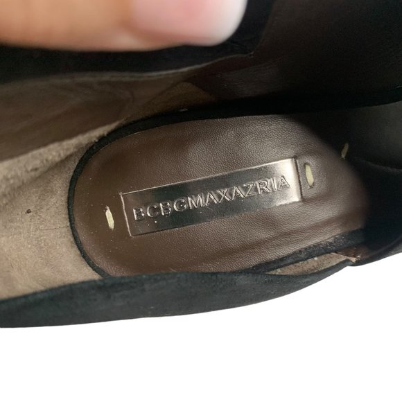 BCBG Suede Leather Peep Toe Bootie High Heels Womens Size 9.5B Black Ankle Boot - Picture 7 of 9